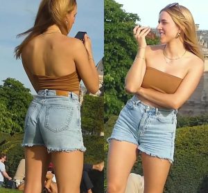 Cute Blonde in Jeans Shorts and Tube Top
