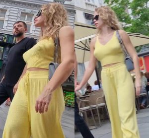 Braless Milf in a sexy yellow dress