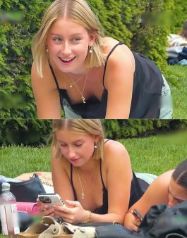 Downblouse candid of this cute blonde in the park