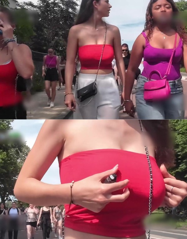 Big Tits Brunette in Red Top