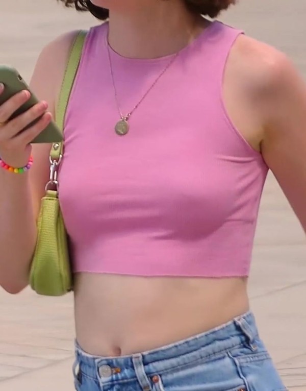 No Bra Girl in Tight Pink Top